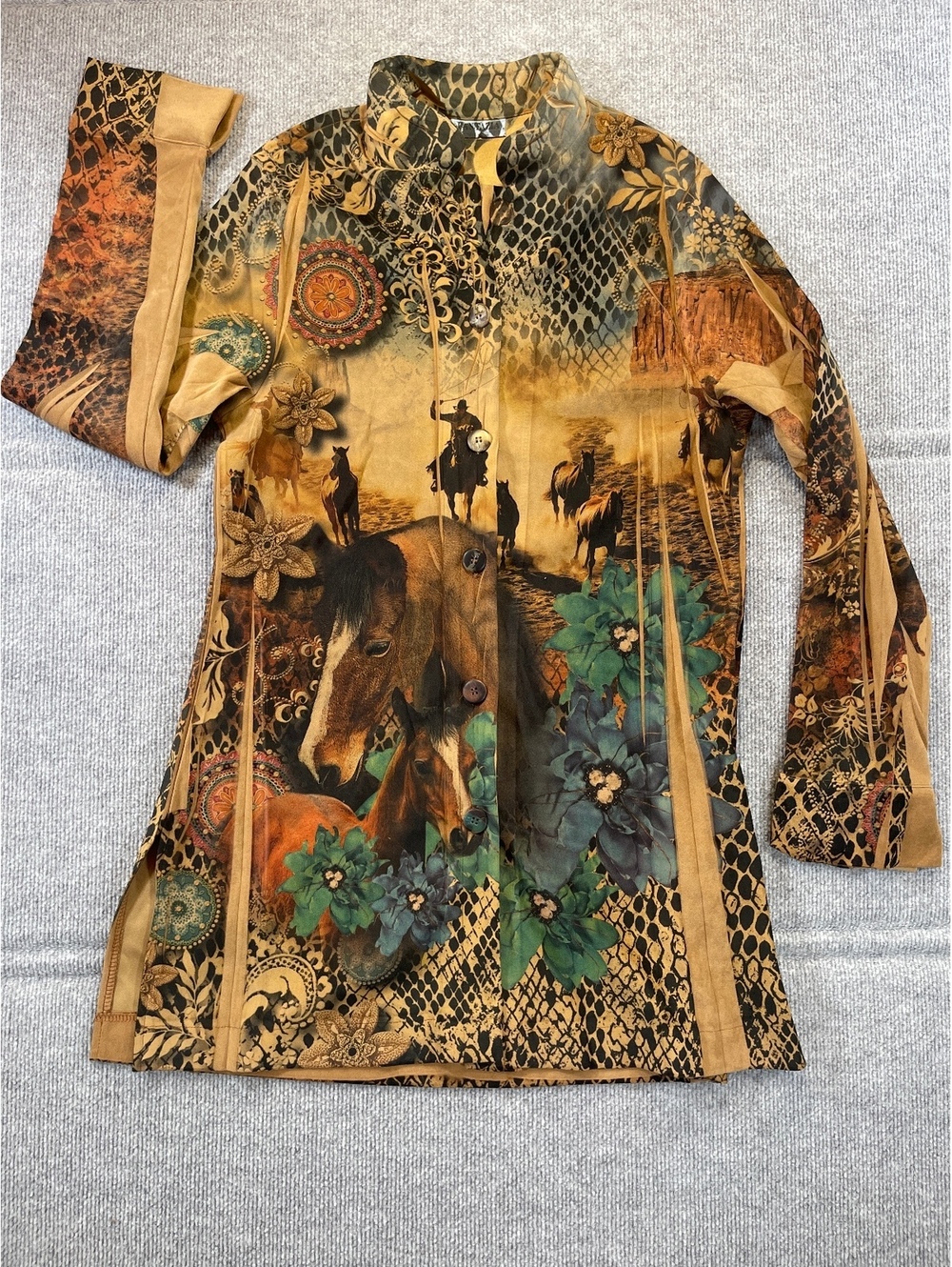 Fantazia Womens Western Horse Cowboy Print Button Front Tunic Jacket Size M